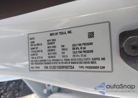 2024 Tesla Model 3 Long Range Dual Motor All-Wheel Drive z USA, uszkodzony, nr VIN 5YJ3E1EB3RF807254